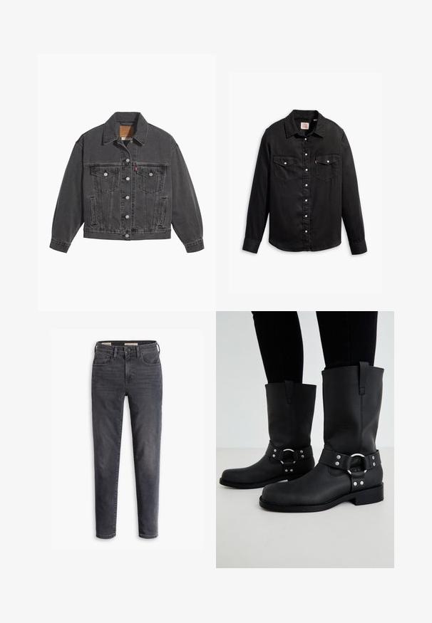 Zwarte spijkerjas met een klassieke kraag, twee borstzakken, zilveren knoopsluitingen en een licht vervaagde structuur.; Zwarte denim blouse met lange mouwen, knoopsluiting, twee borstzakken en een klassieke kraag. Beschikt over een gestructureerd oppervlak en witte knopen.; Donkergrijze slim-fit jeans met een voorste knoop en rits, vijfzakkenstijl, weergegeven tegen een witte achtergrond.; ONLY SHOES ONLBAX - Cowboy-/Bikerlaarzen - black