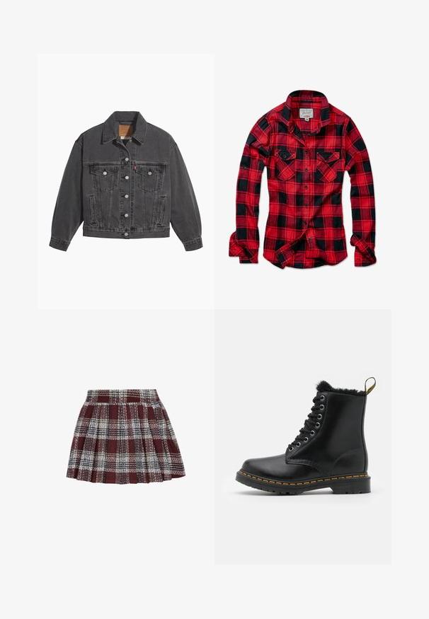 Sort denimjakke med klassisk krave, to brystlommer, sølvfarvede knapper og en let falmet tekstur.; Rød og sort ternet flannel skjorte med lange ærmer, to brystlommer, spids krave og knaplukning foran. Blød stof tekstur.; Rød og sort ternet plisseret nederdel med et struktureret stof. Har en tætsiddende talje og et svungent design med skiftende hvide og grønne linjer.; Sorte læder ankelstøvler med rund tå, pelsfor, sølvøjer og gul syning langs sålen. Solid gummisål.