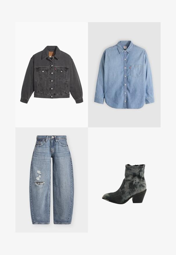 Sort denimjakke med klassisk krave, to brystlommer, sølvfarvede knapper og en let falmet tekstur.; Lyseblå denimskjorte med button-down-krave, forlompe og lange ærmer. Har en buet kant og en subtil tekstur.; Blå denim jeans med vide ben, høj talje og slidte revner på venstre lår, med forlommer og bæltestropper.; Sort og grå tekstureret ankelstøvle med spids tå, lav stablet hæl og lynlås lukning bagpå.