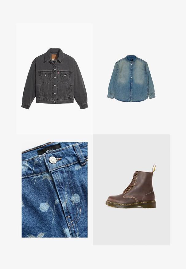 Sort denimjakke med klassisk krave, to brystlommer, sølvfarvede knapper og en let falmet tekstur.; Lys blå denimskjorte med lange ærmer, knaplukning foran, klassisk krave og subtilt slid. Har syet detaljering langs sømmene.; Denimstof i lyseblå, prydet med blomsterprint. Inkluderer en sølvknaplukning og lysebrune syninger langs sømmene. Mærkets etiket er synlig.; Brune lædersnøreboots med gule syninger, rund tå og en robust gummisål. Har en trækflap ved hælen for nem påføring.