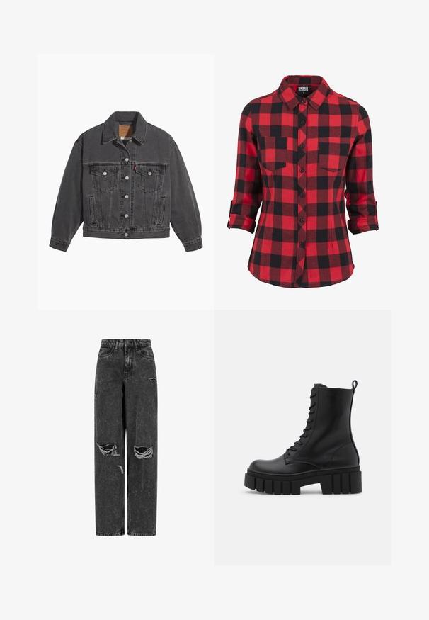 Sort denimjakke med klassisk krave, to brystlommer, sølvfarvede knapper og en let falmet tekstur.; Rød- og sortternet flannel skjorte, lange ærmer med opsmøgede manchetter, spidse krave, to brystlommer, knaplukning fortil, blød tekstur.; Sorte højtaljede brede bukser af jeans med rifter på knæene og slidte detaljer på en hvid baggrund.; Sort læderankelstøvle med kraftig, rillede sål, snørebånd foran og løftestrop på glat hvid baggrund.