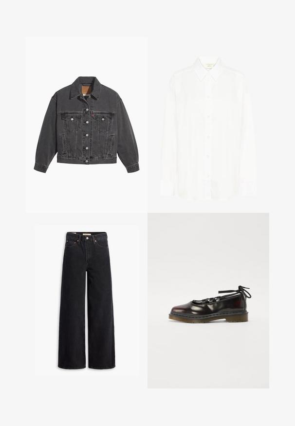 Veste en denim noir avec un col classique, deux poches poitrine, des boutons argentés et une texture légèrement délavée.; Chemise blanche à manches longues avec col classique et coupe régulière. Fabriquée en tissu lisse, avec huit boutons sur le devant.; Jean noir à jambe large en denim, comportant cinq poches, des rivets en laiton et une fermeture à bouton classique. Texture lisse avec un design épuré.; Chaussure rouge foncé brillante avec un bout rond, un design à lacets, une semelle en caoutchouc et des lacets noirs, dotée de quincaillerie argentée et de bords cousus.