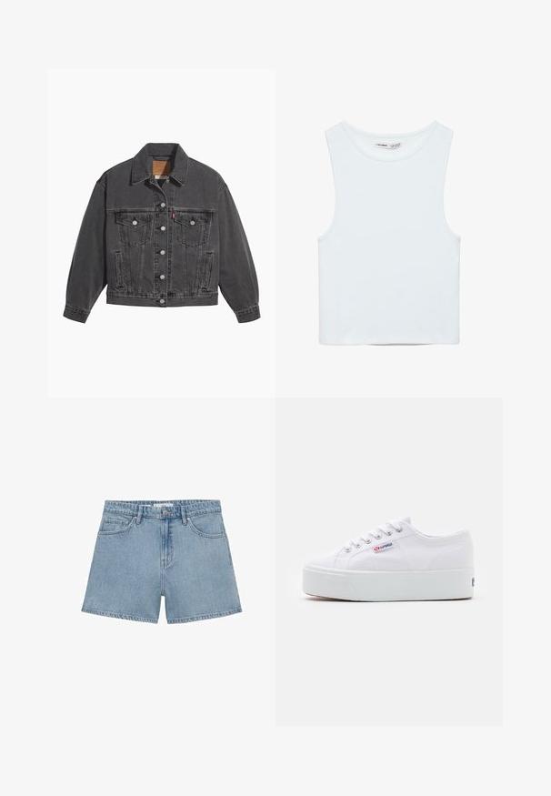 Sort denimjakke med klassisk krave, to brystlommer, sølvfarvede knapper og en let falmet tekstur.; Hvid ærmeløs crop top med rund halsudskæring, lavet af glat stof, mærket Pull&Bear, egnet til afslappet brug.; Lyseblå denimshorts med høj talje, fire lommer og knaplukning. Har en klassisk lige ben stil og frynset kant.; Hvide canvas sneakers med en tyk hvid platformssål, rund tå og metaløjelets til snørebånd. Mærkets logo præsenteret på siden.