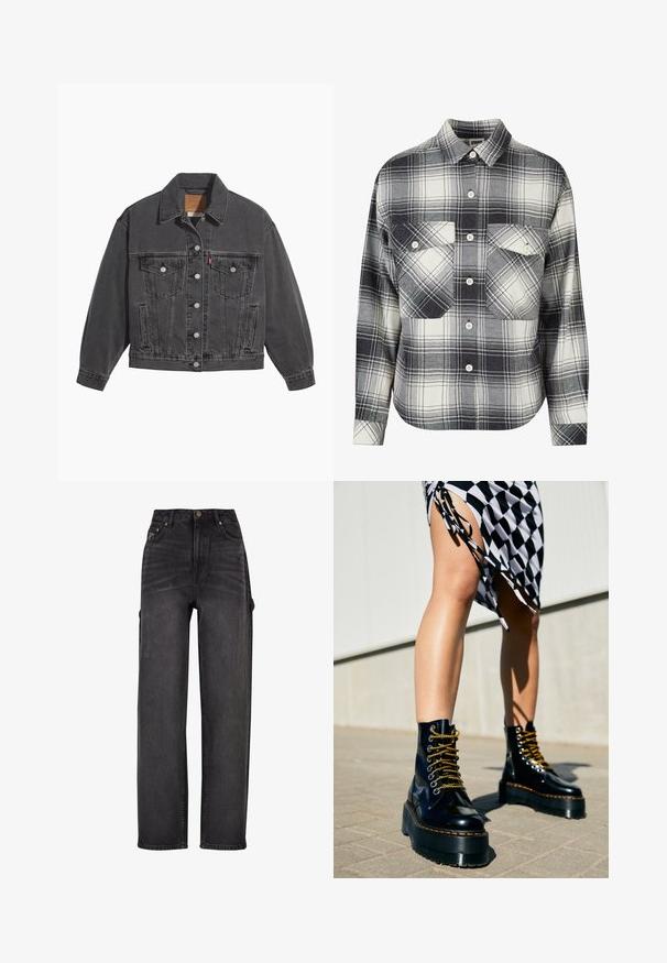 Sort denimjakke med klassisk krave, to brystlommer, sølvfarvede knapper og en let falmet tekstur.; Rutet flannel skjorte i sort, hvid og grå. Har knaplukning foran, to brystlommer og lange ærmer med knapmansjetter.; Højtaljede cargo jeans i sort denim med vid ben-design, sidelommer og subtile falmning detaljer. Holdbart stof og kontraststik.; Sorte læder platform støvler med chunky såler, guld snørebånd og orange syninger, kombineret med en ternet nederdel med en sideslids.