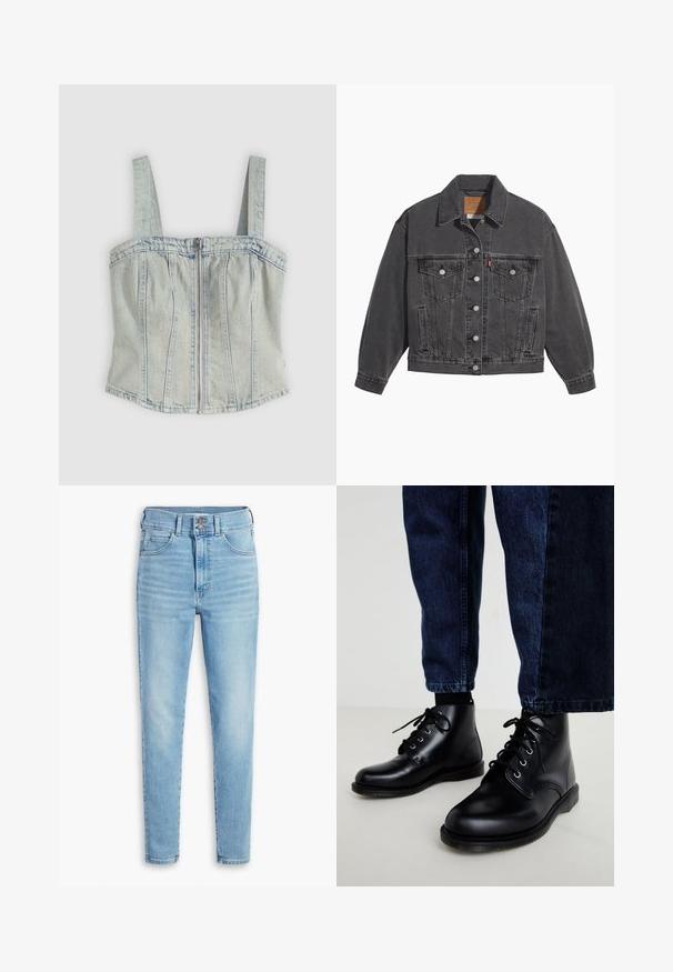 Sort denimjakke med klassisk krave, to brystlommer, sølvfarvede knapper og en let falmet tekstur.; Lyseblå denim korsett-top med brede stropper, lynlåslukning foran, lodrette sømdetaljer og en lige kant.; Levi's® RETRO HIGH SKINNY DOUBLE BUTTON - Jeans Skinny Fit - straight out of levi's�; Sorte ankelstøvler i læder med runde snuder, snørelukning, sølvfarvede forskruninger og teksturerede såler, kombineret med mørkeblå denimjeans.