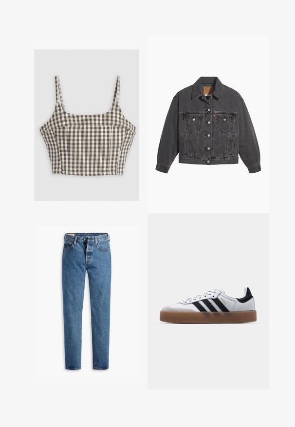 Veste en denim noir avec un col classique, deux poches poitrine, des boutons argentés et une texture légèrement délavée.; Top court à motif écossais avec des nuances de brun, blanc et noir. Doté de fines bretelles et de coutures structurées. Matière en mélange de coton.; Jeans en denim bleu clair avec une coupe droite, cinq poches et un zip standard. Présente des coutures oranges et une texture légèrement délavée.; Baskets en cuir blanc avec des rayures noires, semelle extérieure en caoutchouc beige, bout rond, fermeture lacée et embout en suède gris doux.
