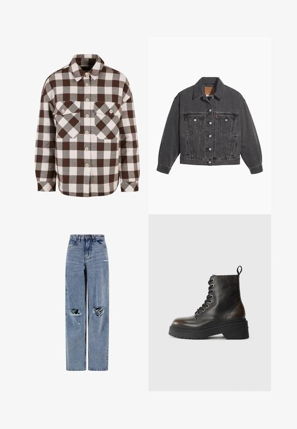 Sort denimjakke med klassisk krave, to brystlommer, sølvfarvede knapper og en let falmet tekstur.; Brun og hvid plaid knap-op skjorte med to brystlommer, der har en klassisk krave og knap-ned foran. Blød stofstruktur.; Blå denimjeans med store ripped huller på begge knæ og let slid på højre lår.; Sorte læder ankelstøvler med snørebånd, tyk sort sål og en løkke bagpå, prydet med præget mærkenavn på hælen.