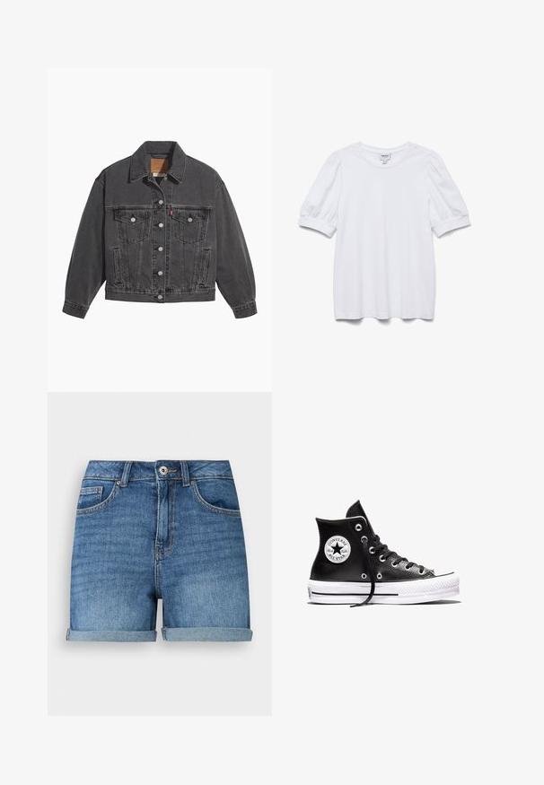 Veste en denim noir avec un col classique, deux poches poitrine, des boutons argentés et une texture légèrement délavée.; Haut blanc à manches courtes avec un col rond et des manches bouffantes. Fabriqué en tissu lisse, présentant une étiquette portant la mention "AWARE".; Short en jean bleu avec ourlets roulés, fermeture devant par bouton et fermeture éclair, passants de ceinture, poches avant et poche monnaie.; Baskets montantes Converse Chuck Taylor All Star noires avec semelle en caoutchouc blanc et patch logo sur la cheville, présentées sur un fond blanc.