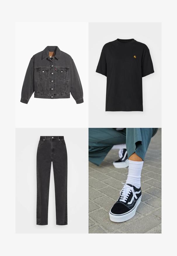 Veste en denim noir avec un col classique, deux poches poitrine, des boutons argentés et une texture légèrement délavée.; T-shirt en coton noir à coupe décontractée. Présente un col rond et des manches courtes. Comprend un petit logo doré brodé sur la poitrine.; Jeans en denim noir à jambe droite avec taille haute, bouton et fermeture éclair à l'avant, et style cinq poches sur fond blanc.; Baskets en suède noir avec des accents et des lacets blancs, présentant une épaisse semelle blanche et des coutures contrastantes, associées à une chaussette blanche.
