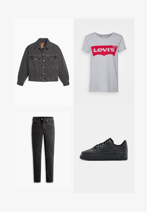 Sort denimjakke med klassisk krave, to brystlommer, sølvfarvede knapper og en let falmet tekstur.; Grå bomulds t-shirt med et stort rødt Levi's-logo på tværs af brystet, med en klassisk rund halsudskæring og korte ærmer.; Sorte denim jeans med lige ben, der har fem lommer, kobberhardware og en let slidte måde.; Sorte lædersneakers med perforeret tåboks, flade snørebånd og gummisål. Har et lille logo på siden og tekstureret detaljering.