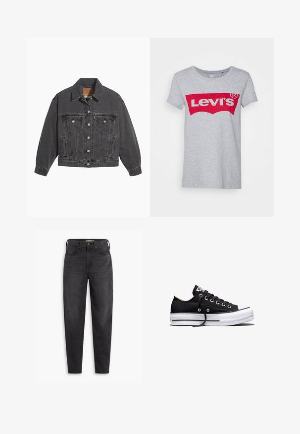 Sort denimjakke med klassisk krave, to brystlommer, sølvfarvede knapper og en let falmet tekstur.; Grå bomulds t-shirt med et stort rødt Levi's-logo på tværs af brystet, med en klassisk rund halsudskæring og korte ærmer.; Sorte højtaljede slim-fit jeans med for- og baglommer, knaplukning og bæltestropper, præsenteret på en hvid baggrund.; Sort lavt sneakers i lærred med hvid sål i gummi, sorte snørebånd og metaløjer på hvid baggrund.