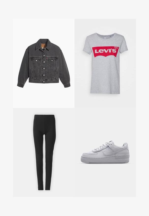 Chaqueta de mezclilla negra con cuello clásico, dos bolsillos en el pecho, cierres con botones plateados y una textura ligeramente desgastada.; Camiseta de algodón gris con un gran logo rojo de Levi's en el pecho, con un clásico escote redondo y mangas cortas.; Leggings negros y elásticos con un ajuste ceñido, que cuentan con una cintura alta y una textura suave. Sin patrones visibles ni detalles de hardware.; Zapatilla Nike Air Force 1 gris con puntera perforada, parte superior de cuero suave, suela gruesa y detalle en relieve 'AIR' en el talón.