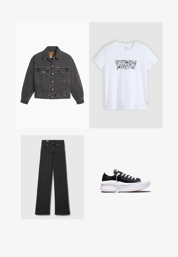 Veste en denim noir avec un col classique, deux poches poitrine, des boutons argentés et une texture légèrement délavée.; T-shirt blanc à manches courtes Levi's avec un logo noir à motif floral centré sur la poitrine.; Jeans noirs taille haute à jambes droites avec cinq poches et rivets en cuivre, posés à plat sur un fond gris clair.; Baskets basses en toile noire avec des lacets blancs et une semelle épaisse en caoutchouc blanc multi-couches sur fond blanc.