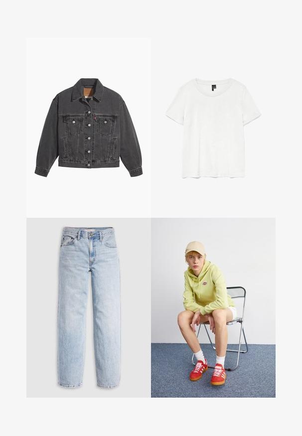 Sort denimjakke med klassisk krave, to brystlommer, sølvfarvede knapper og en let falmet tekstur.; Hvid kortærmet t-shirt med rund halsudskæring, lavet af letvægtsstof. Enkel design, glat tekstur og lige kant.; Lyseblå denimjeans med høj talje, afslappet pasform, lige ben og et klassisk design med fem lommer. Synlige falmede detaljer og syninger.; Lysegrøn hættetrøje med logo, hvide shorts, røde sneakers med hvide striber, siddende på en krom foldebænk mod en neutral baggrund.
