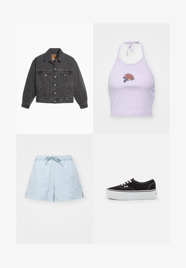 Veste en denim noir avec un col classique, deux poches poitrine, des boutons argentés et une texture légèrement délavée.; Haut court halter lilas en coton, avec un design de broderie de rose en orange et bleu marine, et une fermeture à nouer au cou.; Shorts légers de couleur bleu clair avec une taille élastique et un cordon de serrage. Dotés de poches latérales et d'une coupe décontractée, fabriqués en tissu doux.; Baskets en toile noires avec une semelle en caoutchouc blanc, dotées de lacets et de coutures blanches, marquage emblématique sur le côté, design basse.