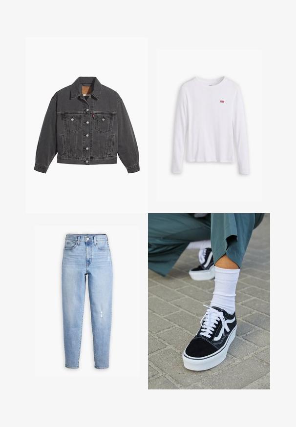Chaqueta de mezclilla negra con cuello clásico, dos bolsillos en el pecho, cierres con botones plateados y una textura ligeramente desgastada.; Camisa blanca de manga larga hecha de suave algodón. Presenta un pequeñoLogo rojo de Levi's en el lado izquierdo del pecho. Diseño clásico de cuello redondo.; Jeans de tiro alto azul claro hechos de denim, con pierna recta, un ligero desgaste y una pequeña área desgastada en el muslo derecho.; Zapatillas de ante negro con acentos y cordones blancos, que cuentan con una gruesa suela blanca y costuras en contraste, combinadas con un calcetín blanco.