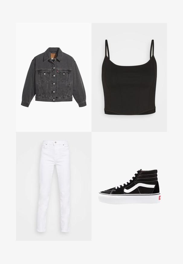 Mustast teksariidest jakk, millel on klassikaline krae, kaks rinnataskut, hõbedased nööbi kinnitused ja kergelt tuhmunud tekstuur.; Even&Odd by Zalando Topp - black; Valged denimists valmistatud slim fit püksid, millel on tavaline vöökoht, vöölukud, viis taskut ja klassikaline nööp-kinnitus.; Mustad mustad sneakers valge paeltega, valge logo ja kontraste valge õmblusega. Omab paksu valget talda ja tekstureeritud nahkiga ülemist osa.