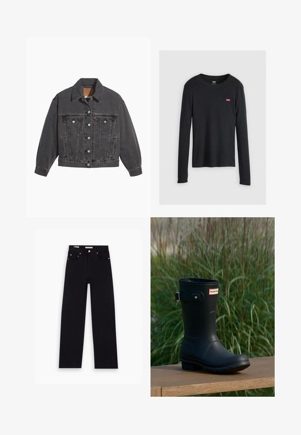Sort denimjakke med klassisk krave, to brystlommer, sølvfarvede knapper og en let falmet tekstur.; Sort langærmet skjorte lavet af bomuld, med rund hals og et lille rødt Levi's-logo på venstre brystområde. Struktureret stof.; Sorte denim jeans med lige pasform, fem lommer, kobberdetaljer og en glat tekstur. To mærker synlige på taljebåndet.; Sorte gummistøvler med en blank finish, der har en sølvspænde og en logo-patch. Sålen er tekstureret for bedre greb.