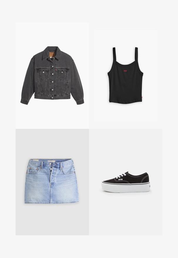 Veste en denim noir avec un col classique, deux poches poitrine, des boutons argentés et une texture légèrement délavée.; Débardeur noir à côtes avec des fines bretelles, arborant un petit logo rouge Levi's au centre devant et un ourlet droit.; Mini-jupe en denim bleu clair avec fermeture à boutons devant, passants de ceinture et deux poches avant sur un fond uni clair.; Baskets en toile noires avec une semelle en caoutchouc blanc, dotées de lacets et de coutures blanches, marquage emblématique sur le côté, design basse.