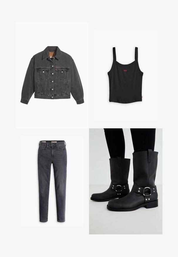 Veste en denim noir avec un col classique, deux poches poitrine, des boutons argentés et une texture légèrement délavée.; Débardeur noir à côtes avec des fines bretelles, arborant un petit logo rouge Levi's au centre devant et un ourlet droit.; Jean slim gris foncé avec bouton sur le devant et fermeture éclair, style cinq poches, présenté sur fond blanc.; ONLY SHOES by Zalando ONLBAX - Bottes de cowboy / motard - black