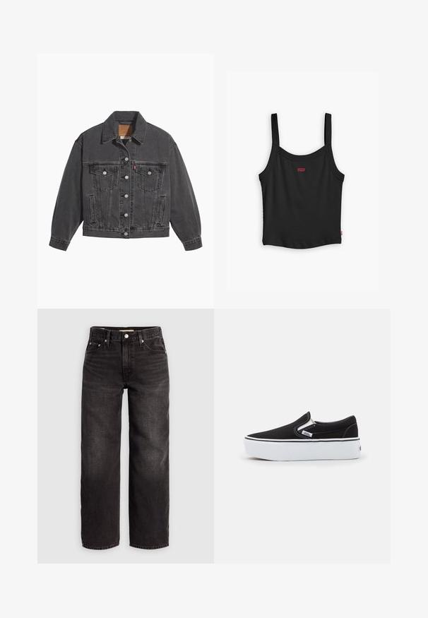 Veste en denim noir avec un col classique, deux poches poitrine, des boutons argentés et une texture légèrement délavée.; Débardeur noir à côtes avec des fines bretelles, arborant un petit logo rouge Levi's au centre devant et un ourlet droit.; Levi's® BAGGY DAD - Jean baggy - shrink up; Chaussure slip-on noire en toile avec une semelle en caoutchouc blanc, dotée d'accents élastiques sur les côtés et de coutures contrastées. Logo de la marque visible sur le côté.
