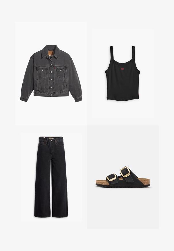Zwarte spijkerjas met een klassieke kraag, twee borstzakken, zilveren knoopsluitingen en een licht vervaagde structuur.; Zwarte geribbelde tanktop met dunne bandjes, voorzien van een klein rood Levi's-logo aan de voorkant en een rechte zoom.; Zwarte brede jeans gemaakt van denim, met vijf zakken, koperen klinknagels en een klassieke knoopsluiting. Glad van textuur met een strakke uitstraling.; Zwarte suède instapsandalen met twee brede bandjes, elk met een grote gouden gesp, en een natuurlijke kurken voetbed met een gestructureerde rubberen zool.