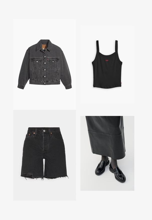 Sort denimjakke med klassisk krave, to brystlommer, sølvfarvede knapper og en let falmet tekstur.; Sort ribbet tanktop med tynde stropper, med et lille rødt Levi's-logo i midten foran og en lige nederste kant.; Sorte denim shorts med høj talje, der har en rå kant og slidte detaljer. Indeholder fem lommer og en metalknap lukning.; Sorte læder loafers med en glat finish, prydet med en dekorativ rem, rund tå og tekstureret sål. Båret med en lang sort læderskirt.