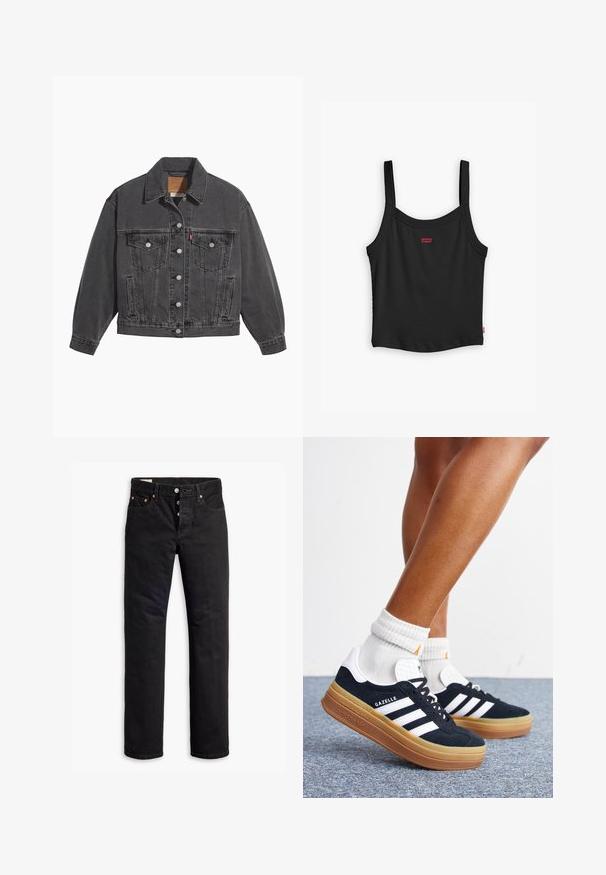 Sort denimjakke med klassisk krave, to brystlommer, sølvfarvede knapper og en let falmet tekstur.; Sort ribbet tanktop med tynde stropper, med et lille rødt Levi's-logo i midten foran og en lige nederste kant.; Sorte denimjeans med lige pasform, fem lomme-design og knaplukning. Har kobbernitter og syningsdetaljer.; Ben iført hvide sokker og sorte Adidas Gazelle sneakers med hvide striber og tykke brune såler på et gråt tæppe.