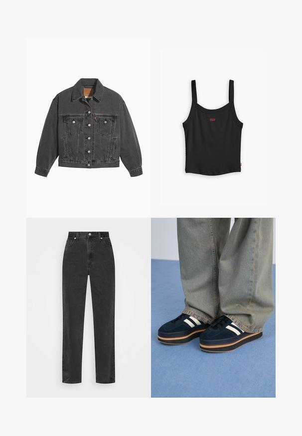 Sort denimjakke med klassisk krave, to brystlommer, sølvfarvede knapper og en let falmet tekstur.; Sort ribbet tanktop med tynde stropper, med et lille rødt Levi's-logo i midten foran og en lige nederste kant.; Sorte denim jeans med lige ben, høj talje, foran knap og lynlås, samt fem-lomme stil på en hvid baggrund.; Mørkeblå ruskinds-platform sneakers med hvide striber og sorte snørebånd. Har en tyk brun gummisål. Bæres med lyseblå denimbukser.