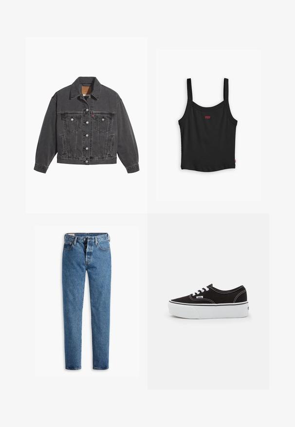 Sort denimjakke med klassisk krave, to brystlommer, sølvfarvede knapper og en let falmet tekstur.; Sort ribbet tanktop med tynde stropper, med et lille rødt Levi's-logo i midten foran og en lige nederste kant.; Lysblå denimjeans med lige pasform, fem lommer og standard knaplukning. Har orange søm og en let falmet tekstur.; Sort lærred sneakers med en hvid gummi platform sål, der har hvide snørebånd og syninger, ikonisk branding på siden, lav-top design.