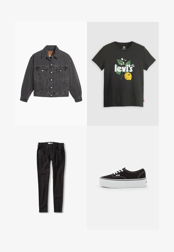 Veste en denim noir avec un col classique, deux poches poitrine, des boutons argentés et une texture légèrement délavée.; T-shirt noire en coton avec un graphique de citron, texte blanc "levi's" et accents floraux en vert et blanc. Manches courtes, col rond.; Jeans en denim noir avec une coupe droite, dotés d'une taille standard, de passants de ceinture et de deux poches avant. Texture lisse, matériel minimal.; Baskets en toile noires avec une semelle en caoutchouc blanc, dotées de lacets et de coutures blanches, marquage emblématique sur le côté, design basse.