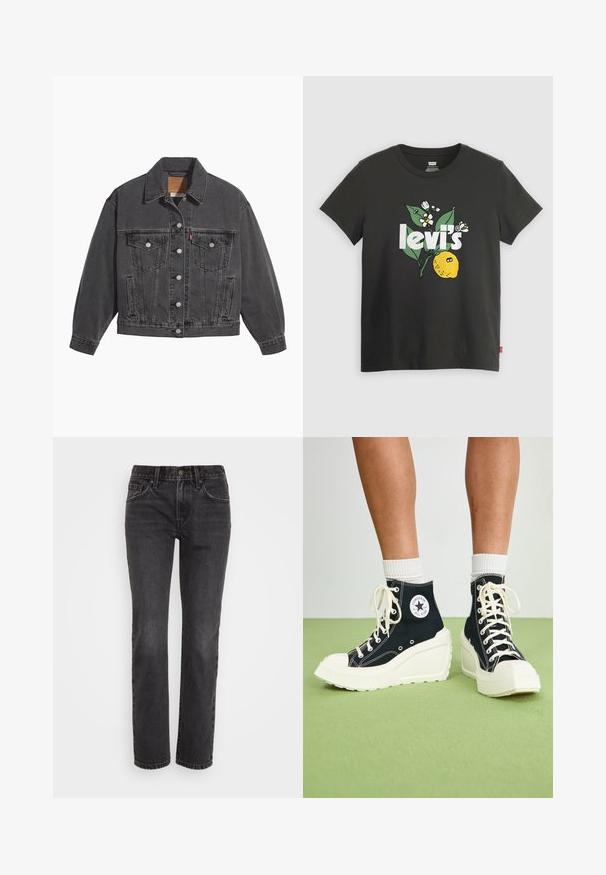 Sort denimjakke med klassisk krave, to brystlommer, sølvfarvede knapper og en let falmet tekstur.; Sort bomulds t-shirt med et citronmotiv, hvid tekst der står "levi's," og blomsterdekorationer i grøn og hvid. Korte ærmer, rund hals.; Sorte denim jeans med lige ben, der har et klassisk fem-lomme design, lynlås foran og kontrastsygning langs sømmene.; Sorte højtop sneakers med en hævet hvid platform sål, der har hvide snørebånd og en rund logo lap på siden. Tekstureret canvas materiale.
