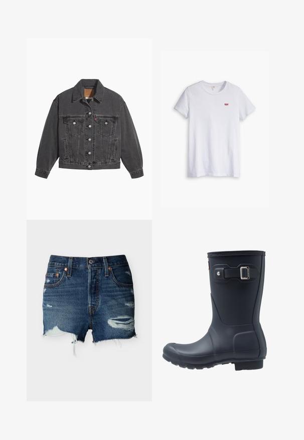 Zwarte spijkerjas met een klassieke kraag, twee borstzakken, zilveren knoopsluitingen en een licht vervaagde structuur.; Witte katoenen t-shirt met korte mouwen en een ronde hals. Bevat een klein rood Levi's-logo op de linkerborst.; Blauwe denim shorts met versleten scheuren, rafelige zoom, voorzakken, riemlussen en knoopsluiting op een effen achtergrond.; Zwarte rubberen regenlaars met een ronde neus, textuurzool en verstelbaar riempje. Gladde oppervlakte met een matte afwerking.