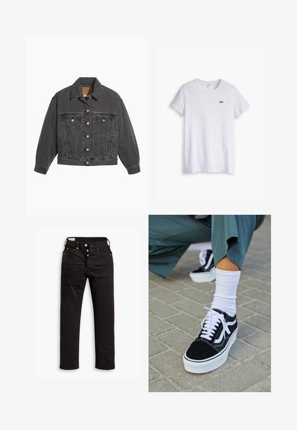 Veste en denim noir avec un col classique, deux poches poitrine, des boutons argentés et une texture légèrement délavée.; T-shirt en coton blanc à manches courtes et col rond. Présente un petit logo rouge Levi's sur la partie gauche de la poitrine.; Jean noir à jambe droite avec fermeture à boutons, poches avant et arrière, et détails en rivets cuivrés sur fond blanc.; Baskets en suède noir avec des accents et des lacets blancs, présentant une épaisse semelle blanche et des coutures contrastantes, associées à une chaussette blanche.