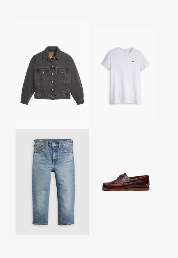 Veste en denim noir avec un col classique, deux poches poitrine, des boutons argentés et une texture légèrement délavée.; T-shirt en coton blanc à manches courtes et col rond. Présente un petit logo rouge Levi's sur la partie gauche de la poitrine.; Jean en denim bleu clair à coupe décontractée, longueur raccourcie, cinq poches, et fermeture par bouton en métal. Texture délavée avec des détails de surpiqûres subtils.; Chaussure bateau en cuir marron avec lacets, détails de couture et logo Timberland sur le côté, présentée sur un fond blanc.