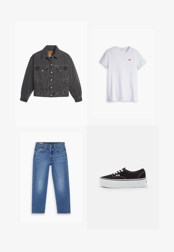 Sort denimjakke med klassisk krave, to brystlommer, sølvfarvede knapper og en let falmet tekstur.; Hvid bomulds t-shirt med korte ærmer og rund halsudskæring. Har et lille rødt Levi's-logo på venstre brystområde.; Blå højtaljede lige ben jeans med frontknap, lynlås og fem-lomme design, vist fladt på en hvid baggrund.; Sort lærred sneakers med en hvid gummi platform sål, der har hvide snørebånd og syninger, ikonisk branding på siden, lav-top design.
