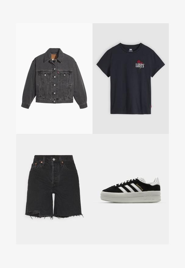 Sort denimjakke med klassisk krave, to brystlommer, sølvfarvede knapper og en let falmet tekstur.; Sort T-shirt med korte ærmer og rund halsudskæring, med hvid tekst ""LEVI'S"" og to røde roser broderet på venstre bryst.; Sorte denim shorts med høj talje, der har en rå kant og slidte detaljer. Indeholder fem lommer og en metalknap lukning.; Sort ruskind sneaker med hvide læderdetaljer, tre hvide striber, flade snørebånd og en tyk grå platformsål. Guldfarvet "Gazelle" branding.