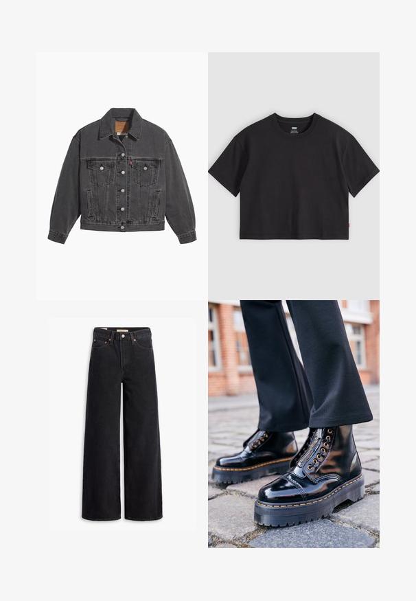 Sort denimjakke med klassisk krave, to brystlommer, sølvfarvede knapper og en let falmet tekstur.; Sort kortærmet t-shirt med rund hals og lille rød Levi's-etiket på sidesømmen, lagt fladt på en lysegrå baggrund.; Sorte brede benjeans lavet af denim, med fem lommer, kobbernitter og en klassisk knaplukning. Glat tekstur med et rent design.; Sorte lakerede ankelstøvler med en tyk gummisål, sidelukning med lynlås, guldfarvede øjer og kontrastfarvet gult syning.