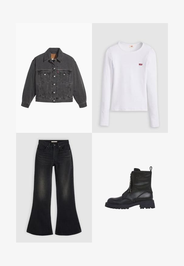 Zwarte spijkerjas met een klassieke kraag, twee borstzakken, zilveren knoopsluitingen en een licht vervaagde structuur.; Wit Levi's shirt met lange mouwen, ronde hals en klein rood Levi's-logo op de linkerborst, afgebeeld op een effen achtergrond.; Zwarte jeans met wijde pijpen, voorzakken, riemlussen en vervaagde schaduw op de dijen en knieën, plat gelegd op een lichte achtergrond.; Zwarte leren enkellaarzen met een stevige zool, rits aan de voorkant en decoratieve hardware. Voorzien van een reliëflogo en een gestructureerde bovenkant.