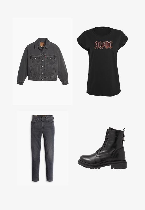 Veste en denim noir avec un col classique, deux poches poitrine, des boutons argentés et une texture légèrement délavée.; T-shirt en coton noir avec des manches retroussées, présentant un logo AC/DC métallique rouge et argent dans une police audacieuse et angulaire sur le devant.; Jean slim gris foncé avec bouton sur le devant et fermeture éclair, style cinq poches, présenté sur fond blanc.; Bottine en cuir noir avec bout arrondi, devant à lacets et semelle en caoutchouc texturé. Comprend une languette au dos et des coutures renforcées.