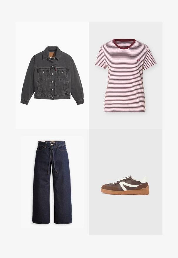 Sort denimjakke med klassisk krave, to brystlommer, sølvfarvede knapper og en let falmet tekstur.; Kortærmet T-shirt med rund hals, horisontale hvide og mørkerøde striber samt et lille rødt Levi's-logo på venstre bryst.; Bredde ben mørkeblå denim jeans med høj talje, der har snoretræk, fem lommer og kontrastsyet detaljer.; Brun sneaker med hvide detaljer, lavet af glatte og teksturerede materialer, udstyret med en gummisål og snørelukning, med et sporty design.
