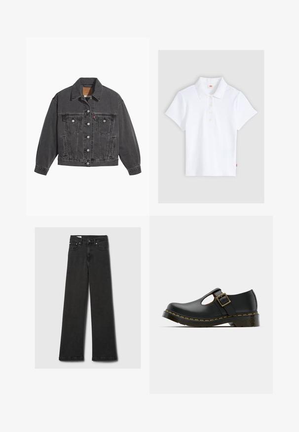 Sort denimjakke med klassisk krave, to brystlommer, sølvfarvede knapper og en let falmet tekstur.; Hvid kortærmet ribbet poloshirt med krave og fire knapper, lagt fladt ud på en lysegrå baggrund.; Sorte højtaljede jeans med lige ben og fem lommer samt kobbernitter, lagt fladt ud på en lys grå baggrund.; Sort lædersko med rund tå, ankelrem og spænde, lav hæl og gul syning langs sålen. Glat tekstur overalt.