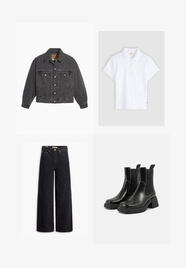 Veste en denim noir avec un col classique, deux poches poitrine, des boutons argentés et une texture légèrement délavée.; Polo blanc à manches courtes en maille côtelée avec col et quatre boutons, étalé à plat sur un fond gris clair.; Jean noir à jambe large en denim, comportant cinq poches, des rivets en laiton et une fermeture à bouton classique. Texture lisse avec un design épuré.; Bottes Chelsea en cuir noir avec un talon épais, des panneaux latéraux élastiques et des coutures blanches contrastantes. Fini texturé.