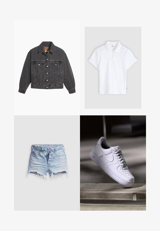 Veste en denim noir avec un col classique, deux poches poitrine, des boutons argentés et une texture légèrement délavée.; Polo blanc à manches courtes en maille côtelée avec col et quatre boutons, étalé à plat sur un fond gris clair.; Shorts en denim bleu clair avec bords effilochés, cinq poches et fermeture à boutons. La texture est douce avec un aspect légèrement usé.; Baskets Nike Air Force 1 blanches lévitant au-dessus d'une surface en béton avec des ombres dans un cadre minimaliste.