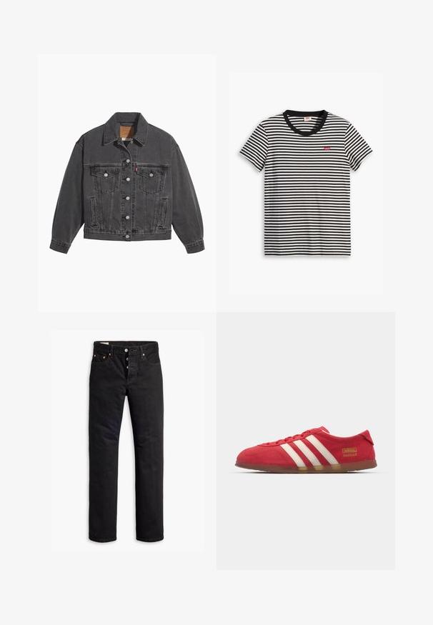 Zwarte spijkerjas met een klassieke kraag, twee borstzakken, zilveren knoopsluitingen en een licht vervaagde structuur.; Zwart-wit gestreepte T-shirt van katoen. Heeft een ronde halslijn en een klein rood Levi's-logo op de borst. Korte mouwen.; Zwarte denim jeans met een rechte snit, vijf-pocket ontwerp en een knoopsluiting. Beschikt over koperen klinknagels en stikselaccenten.; Rode suède sneakers met wit drie-streepdesign, platte zool en gouden logo-detail. Laag uitgesneden ontwerp met ronde neus en vetersluiting.