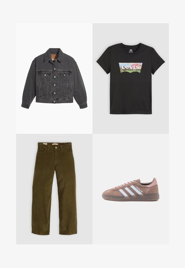 Čierna rifľová bunda so klasickým golierom, dvoma náprsné vreckami, striebornými gombíkmi a jemne vyblednutou textúrou.; Čierne tričko s logom Levi's s malebným dizajnom koňa, zelených polí, plotu a modrej oblohy s vtákmi.; Olivové kordové nohavice s rovnými nohavicami, s prednými vreckami a gombíkovým zapínaním, s vertikálnou ryhovanou textúrou.; Hnedá semišová teniska s jemne ružovými akcentmi, s tromi bielymi pásikmi, textúrovanou podrážkou a guľatou špičkou.