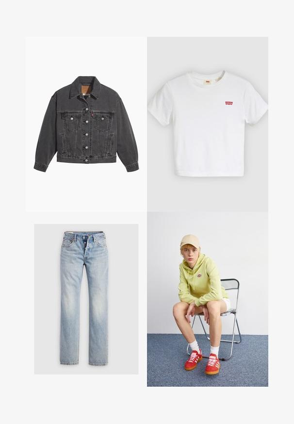Chaqueta de mezclilla negra con cuello clásico, dos bolsillos en el pecho, cierres con botones plateados y una textura ligeramente desgastada.; Camiseta blanca de manga corta con cuello redondo y pequeño logo rojo de Levi's en el pecho izquierdo.; Jeans de mezclilla azul claro con un diseño de pierna recta, cierre de cinco botones y bolsillos traseros con un sutil detalle de costura.; Sudadera verde claro con logo, pantalones cortos blancos, zapatillas rojas con rayas blancas, sentado en una silla plegable de cromo contra un fondo neutral.