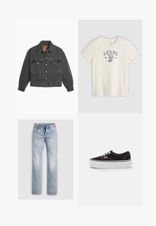 Veste en denim noir avec un col classique, deux poches poitrine, des boutons argentés et une texture légèrement délavée.; T-shirt blanc à manches courtes Levi's avec un motif de bottes de cowboy bleues et "LEVI'S 1873" imprimé sur la poitrine.; Jeans en denim bleu clair avec une coupe droite, une fermeture à cinq boutons et des poches arrière avec un subtil détail de couture.; Baskets en toile noires avec une semelle en caoutchouc blanc, dotées de lacets et de coutures blanches, marquage emblématique sur le côté, design basse.