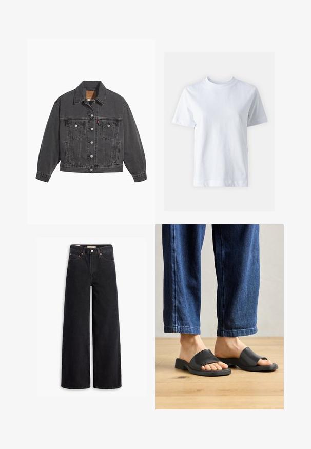 Chaqueta de mezclilla negra con cuello clásico, dos bolsillos en el pecho, cierres con botones plateados y una textura ligeramente desgastada.; T-shirt de algodón blanco con cuello redondo, mangas cortas, corte recto y textura suave. Sin patrones ni adornos.; Jeans de pierna ancha negros hechos de denim, con cinco bolsillos, remaches de cobre y un cierre clásico de botón. Textura suave con un diseño limpio.; Sandalias planas negras hechas de material suave, con punta abierta y una banda superior ancha, colocadas sobre unos pantalones de mezclilla oscuros de corte recto.