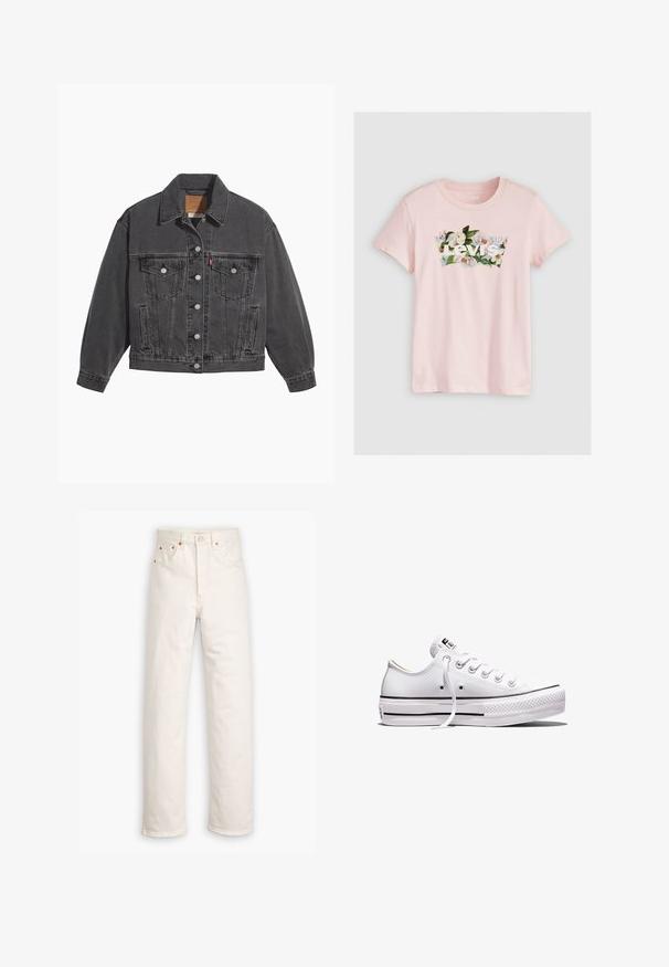 Zwarte spijkerjas met een klassieke kraag, twee borstzakken, zilveren knoopsluitingen en een licht vervaagde structuur.; Lichtroze katoenen T-shirt met een bloemmotief en de witte tekst "Levi's" op de borst, en een ronde halslijn. Korte mouwen.; Witte denim jeans met een recht gesneden ontwerp, vijf zakken en koperen hardware accenten. Afgeronde zoom aan de enkels.; Wit lage canvas sneaker met witte veters, rubberen zool, zwarte streepdetails en logopatch op de tong en hiel.